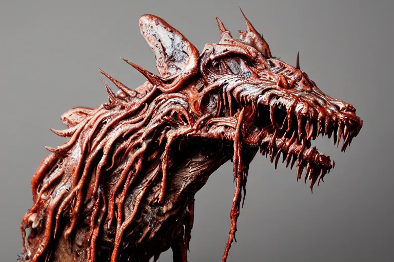 Image similar to photo taken of an epic intricate, ultra detailed, super realistic sculpture of a wet bloodied slimy nightmarish hellish demonic doglike creature on display in a workshop, created by weta workshop, full body shots, photorealistic, sharp focus, f 0. 4, face centred, macro photography, golden ratio,