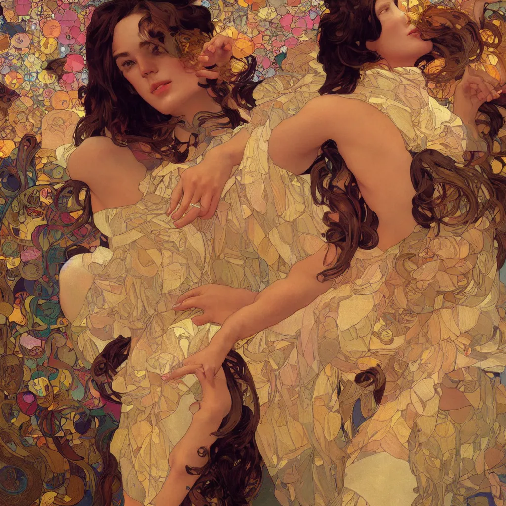 Image similar to modern woman | hyperrealistic | action pose | digital painting | trending on artstation | pinup portrait | clean | illustration | dressed | Unreal Engine 5 | 8k resolution | by Greg Rutkowski Alphonse Mucha Gustav Klimt and Mel Ramos