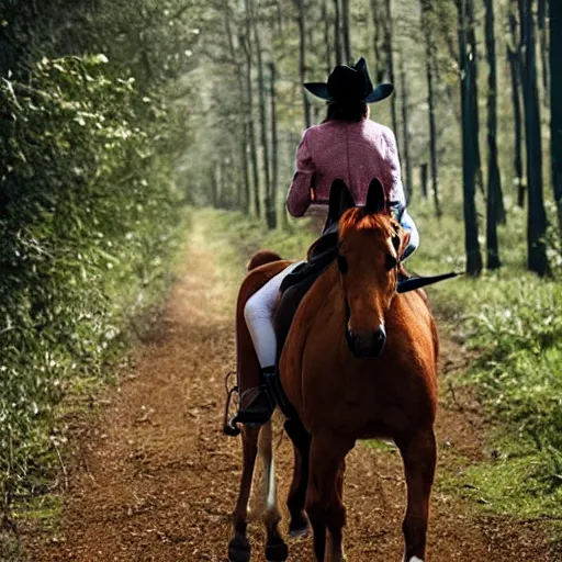 Prompt: cat riding a horse through a forest