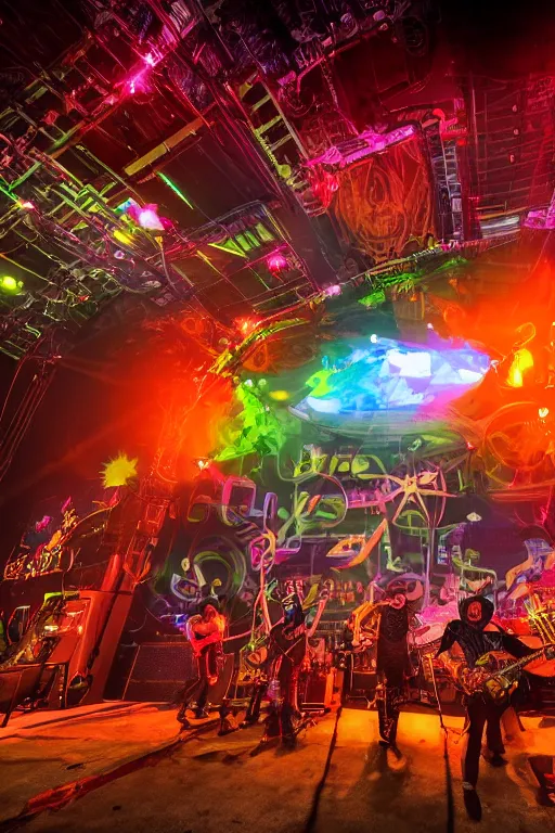 Image similar to a selfie at an outdoor festival stage with audience, on stage is a rockband with 3 steampunk robots with guitars and drums, center of the stage is a big steampunk generator, laser show, 8 k, fluorescent colors, halluzinogenic, multicolored, exaggerated detailed, unreal engine, 8 0 mm lens