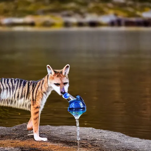 Image similar to close up photo of a rare thylacine, drinking water from a lake in tasmania, bokeh, 1 0 0 mm lens, 4 k award winning nature photography. masterpiece