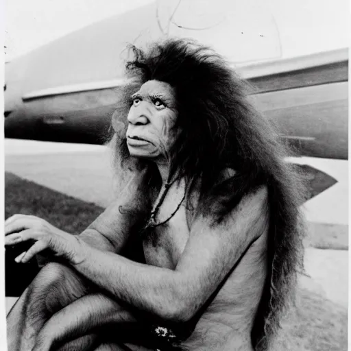 Prompt: photo of neanderthal cavewoman sitting in an airplane