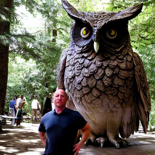 Image similar to alex jones at the bohemian grove. giant owl statue.