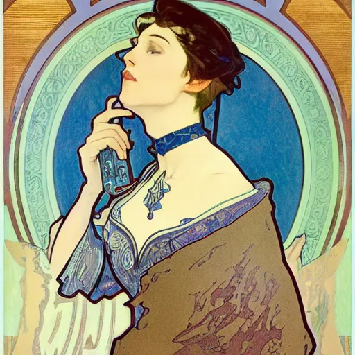 Image similar to Portrait of a female wizard with brown hair wearing a blue hood and blue robe holding a book, art nouveau poster by alphonse mucha, extremely detailed