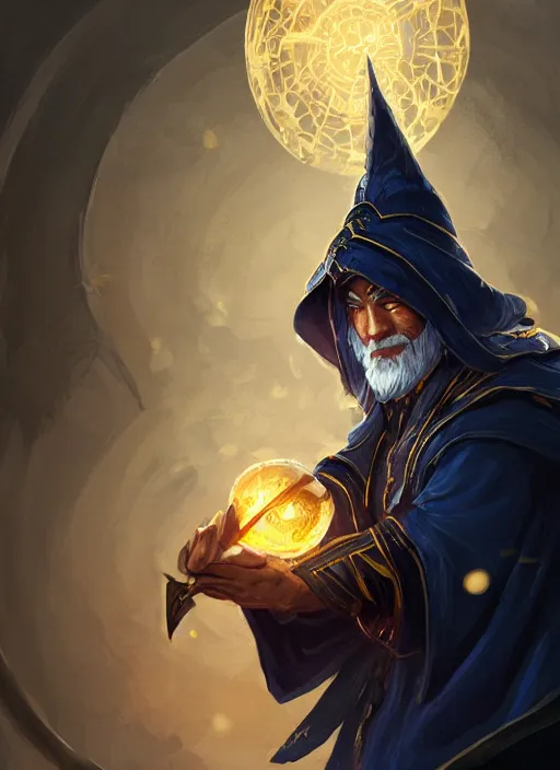 Prompt: a highly detailed illustration of fierce short black haired older asian male wizard wearing ornate navy robe and mage hat, dramatic wielding glowing orb pose, intricate, elegant, highly detailed, centered, digital painting, artstation, concept art, smooth, sharp focus, league of legends concept art, WLOP