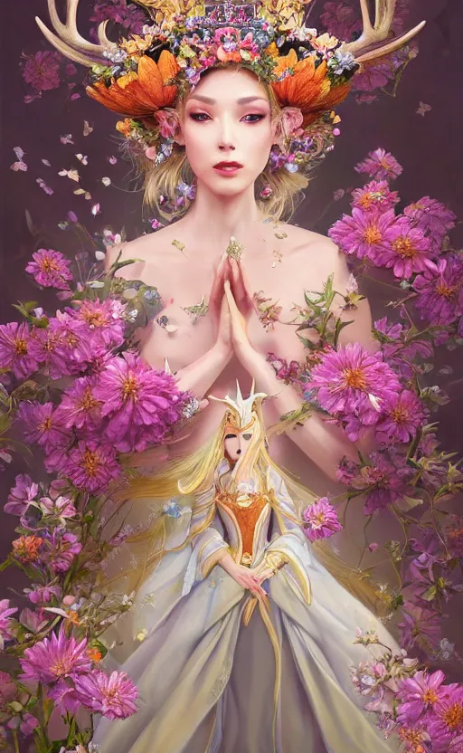 Prompt: A beautiful fantasy magician empress, highly detailed full body, amazing flower tiara, wearing aristocrat robe, delicate figure, field of flowers, among foxes and deer, epic composition, ultra wide-shot, dynamic pose, concept art, beautifully lit, digital painting, smooth, character design, sharp focus, elegant, intricate, trending on artstation, by WLOP and James Jean and Victo Ngai