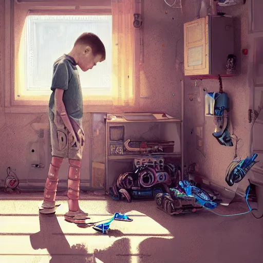 Image similar to a kid fixing his broken robot in his room, au naturel, hyper detailed, digital art, trending in artstation, cinematic lighting, studio quality, smooth render, unreal engine 5 rendered, octane rendered, art style by klimt and nixeu and ian sprigger and wlop and krenz cushart