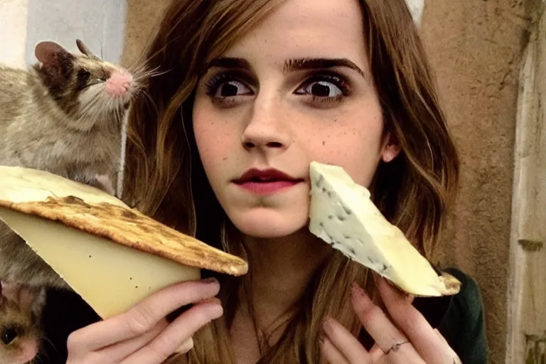 Image similar to selfie, emma watson as anthropomorphic furry - rat, she is rat, cats around, eating cheese, highly detailed, intricate details