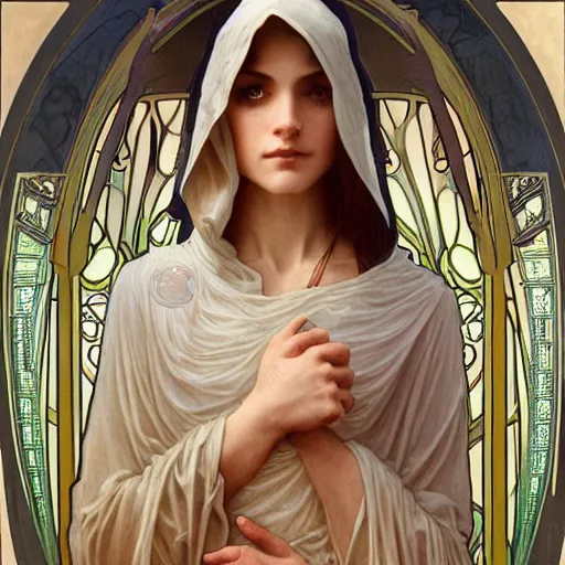 Image similar to stunning, breathtaking, awe-inspiring award-winning concept art nouveau painting of attractive Hooded figure as the goddess of the moon, with anxious, piercing eyes, by Alphonse Mucha, Michael Whelan, William Adolphe Bouguereau, John Williams Waterhouse, and Donato Giancola, cyberpunk, extremely moody lighting, glowing light and shadow, atmospheric, cinematic, 8K