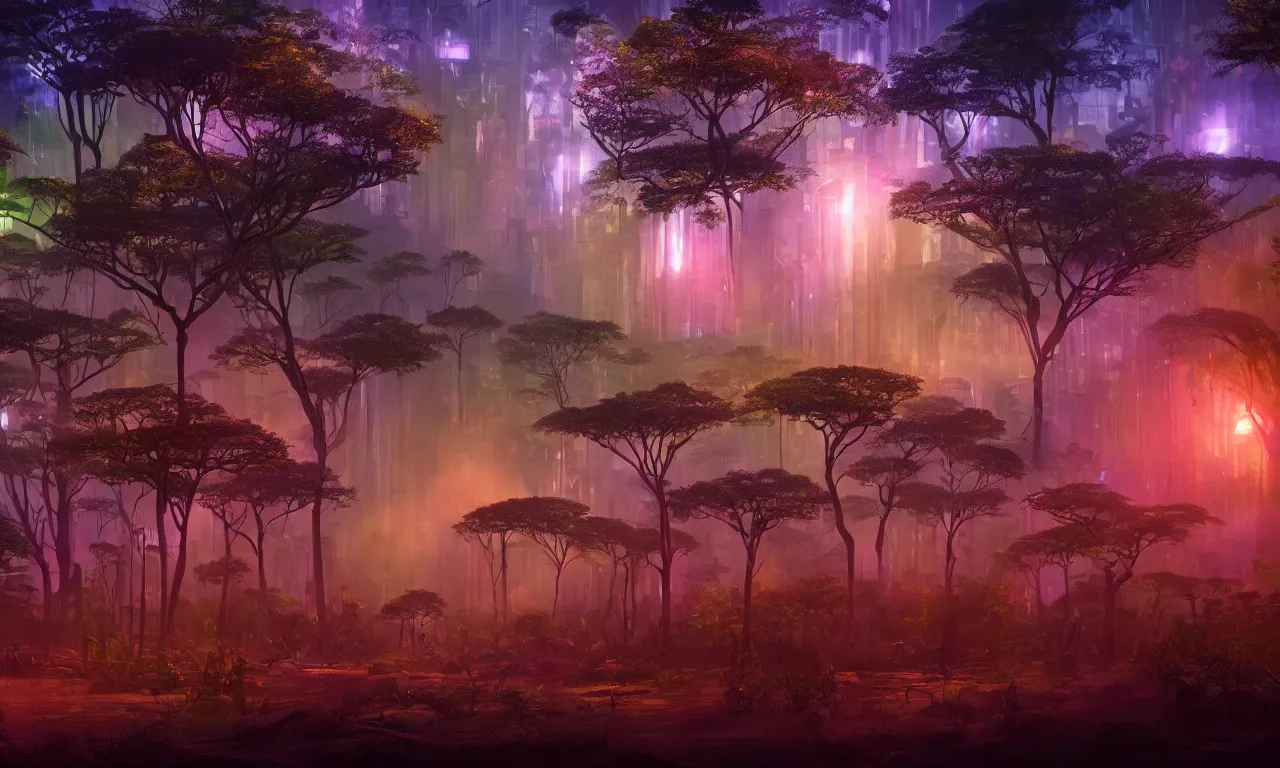 Prompt: A beautifulc cinematic render of the great african forest in the night, highly detailed afrofuturism style, vibrant bright cyberpunk color scheme, sharp, well focused, volumetric lighting, artstation HD, 8K