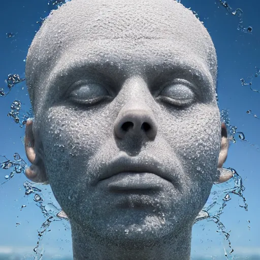 Image similar to a giant sculpture made out of water of a human head, on the ocean water, cinematic, in the style of johnson tsang, long shot, hyper detailed, hyper realistic, ray tracing, 8 k resolution, sharp focus, realistic water, award winning