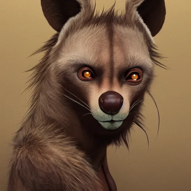 Image similar to a beautiful portrait of a cute anthropomorphic humanoid brown hyena fursona. big eyes. character design by cory loftis fenghua zhong ryohei hase isma