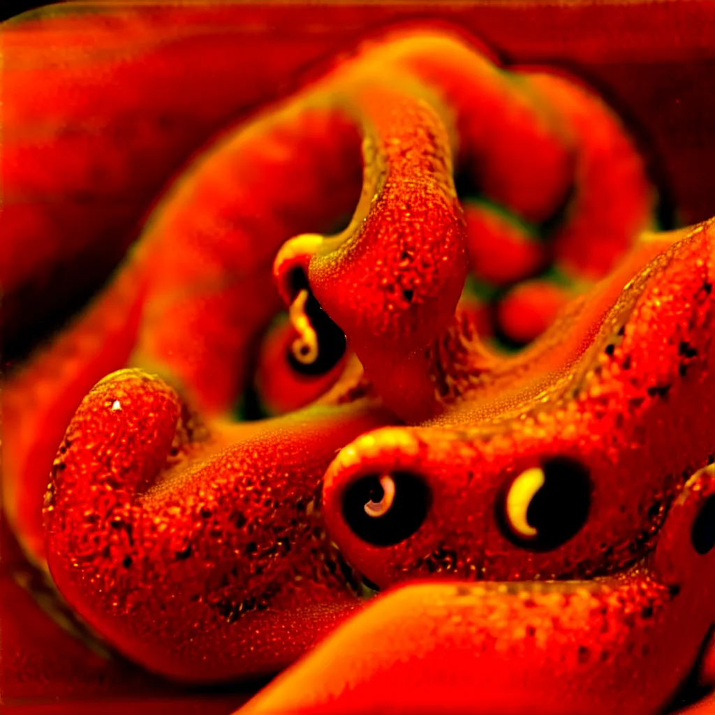 Image similar to fiery whimsical emotional eyes cephalopod, in a photorealistic macro photograph with shallow dof