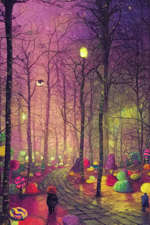 Image similar to a matte digital painting of a candy forest at night, bokeh, bright colours, watercolor, volumetric wool felting, macro photography, children illustration, by john atkinson grimshaw and lisa frank