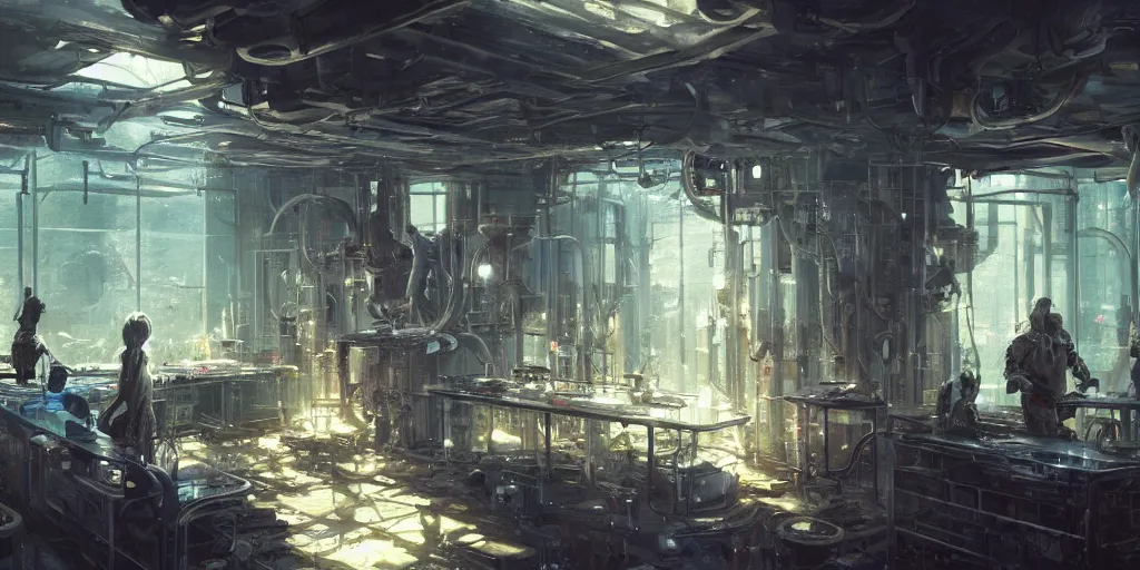 Image similar to extremely detailed portrait of a biopunk laboratory seen from within the sunny window, artstation, cinematic, by greg rutkowski, overrun by rabbits, devastated