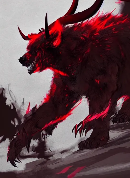 Image similar to A horned bear demon shadow spirit with red fur and sharp claws. In style of Yoji Shinkawa and Hyung-tae Kim, trending on ArtStation, dark fantasy, great composition, concept art, highly detailed.