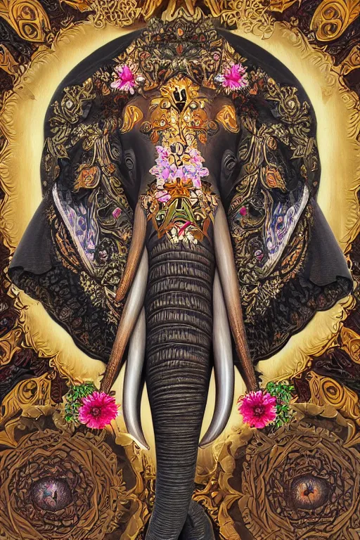 Image similar to Painted dark-wood panel relief carving of a close up of a Flowerpunk Matriarch Elephant, ornate border frame, explosion of colorful flowers, dark wood, intricately carved, black ink, festival of rich colors, intricate details, cinematic lighting, volumetric lighting, post-processing, art nouveau, tarot, fractal art, mandala, by andreas rocha and john howe, and Martin Johnson Heade, featured on artstation, featured on behance, golden ratio, hyper detailed, photorealistic, epic composition, center spotlight, f32, well composed, symmetrical, UE5, 8k