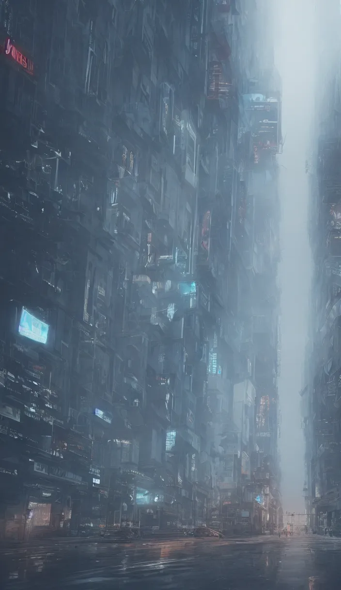 Image similar to a foggy day in milano in 2 0 7 9, cyberpunk future, distopic, cinestill, photography, realistic, hyper detailed, unreal engine, cinematic, octane render