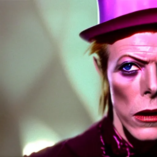 Image similar to stunning awe inspiring david bowie playing willy wonka, movie still 8 k hdr atmospheric lighting