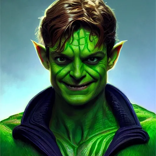 Image similar to handsome Tobey Maguire as the Green Goblin, western, D&D, fantasy, intricate, elegant, highly detailed, digital painting, artstation, concept art, matte, sharp focus, illustration, art by Artgerm and Greg Rutkowski and Alphonse Mucha