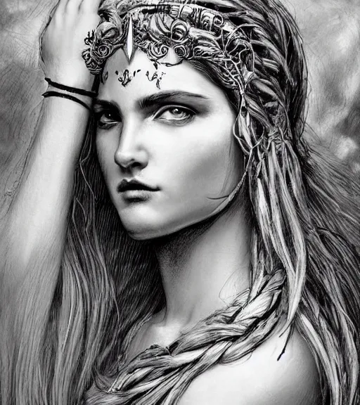 Image similar to beautiful aphrodite goddess wearing an arrow on her head, realistic face, beautiful eyes, black and white drawing, in the style of greg rutkowski, fantasy, amazing detail, epic, intricate, elegant, smooth, sharp focus