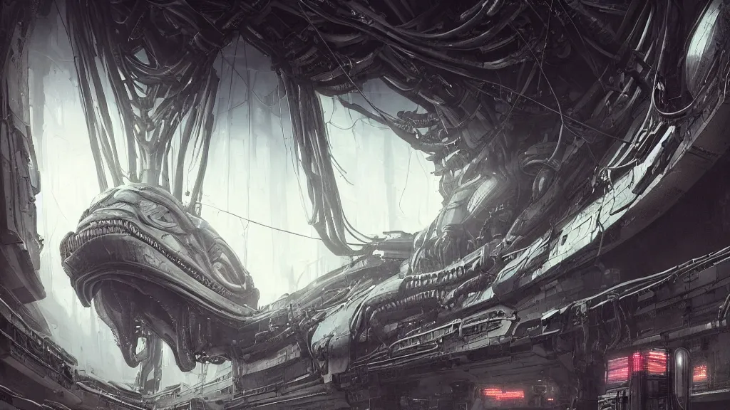 Image similar to a Photorealistic dramatic hyperrealistic,hyper detailed render by Greg Rutkowski,Craig Mullins,Nicolas Bouvier SPARTH, Juan Gimenez,Enki Bilal,ILM of an Epic Sci-Fi, Gigantic Alien xenomorph spaceship inside huge interior hangar,intricate bio mechanical surface details,many tubes and cables hanging from the ceiling,Beautiful dynamic dramatic dark moody lighting,contrast and shadows,Volumetric,Cinematic Atmosphere,Octane Render,Artstation,8k