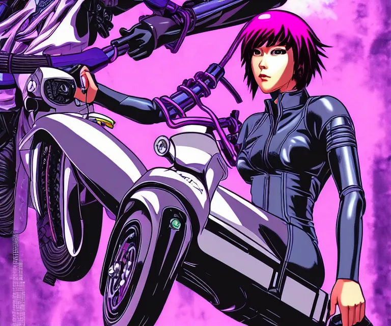 Image similar to motoko kusanagi riding a cyberpunk vehicle in a grungy cyberpunk megacity, bosozoku gang war, cyberpunk vaporwave, by phil jimenez, artgerm, sola digital arts, anti aliasing, raytracing