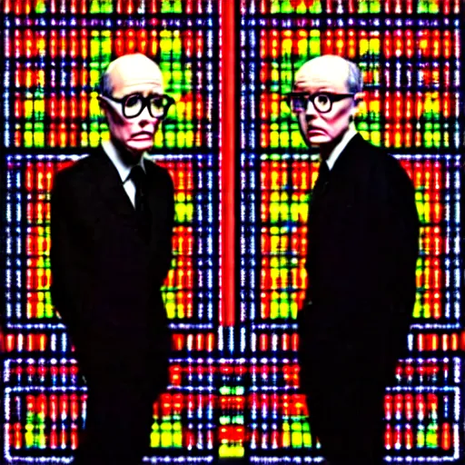 Image similar to stereoscopic image of gilbert and george being possessed by the ghost of alan turing, chromatic aberration, noise, butcher billy style