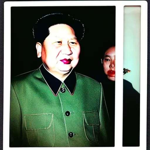 Image similar to mao zedong wearing goth clothing, portrait, polaroid, by nan goldin