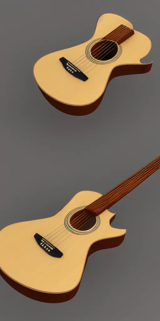 Prompt: model of an acoustic light wood guitar, cute cartoon, unreal engine 5, 3 d render, cinematic lighting, detailed product photo