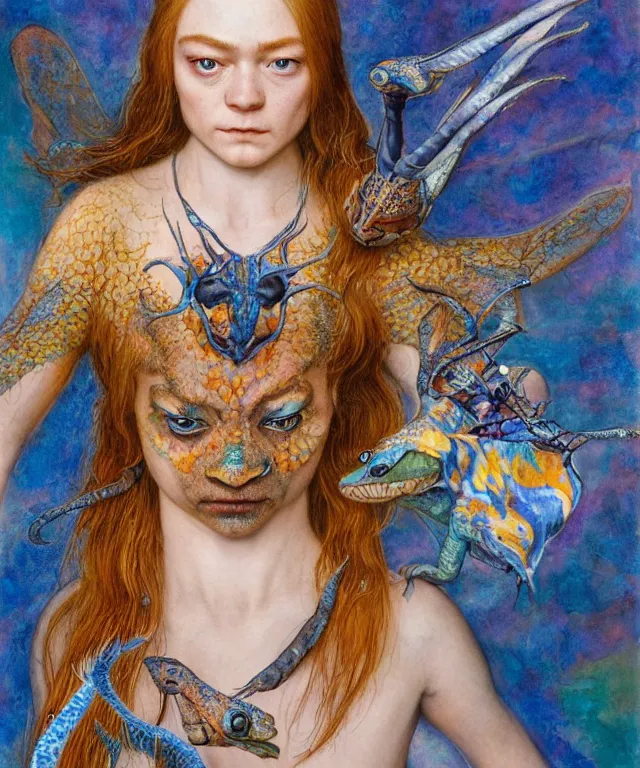 Prompt: a portrait photograph of a meditating fierce sadie sink as a colorful harpy antilope super hero with blue spotted skin with scales. she is being transformed into a alien amphibian. by donato giancola, hans holbein, walton ford, gaston bussiere, peter mohrbacher and brian froud. 8 k, cgsociety, fashion editorial