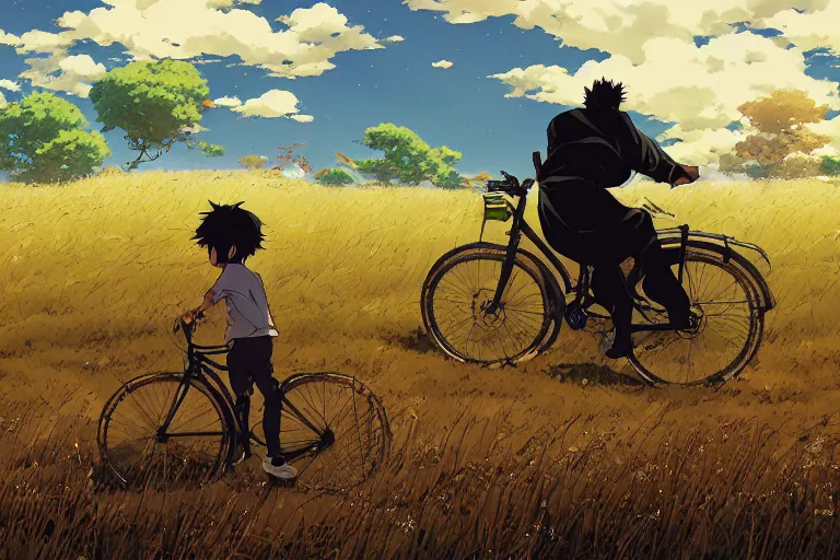 Prompt: a boy riding his bike through the plains of rural japan, high intricate details, rule of thirds, golden ratio, cinematic light, anime style, graphic novel by fiona staples and dustin nguyen, by beaststars and orange, peter elson, alan bean, studio ghibli, makoto shinkai