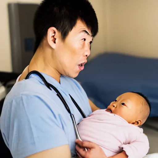 Image similar to a shocked, confused asian man holds african - american baby at the hospital