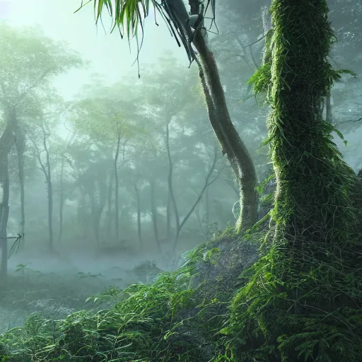 Image similar to A realistic detailed photo of a futuristic jungle, alien plants, grey sky, hidden animals, some fallen trees, foggy landscape, light particles, detailed light, realistic shaders, trending on artisation, detailed textures, detailed, realistic