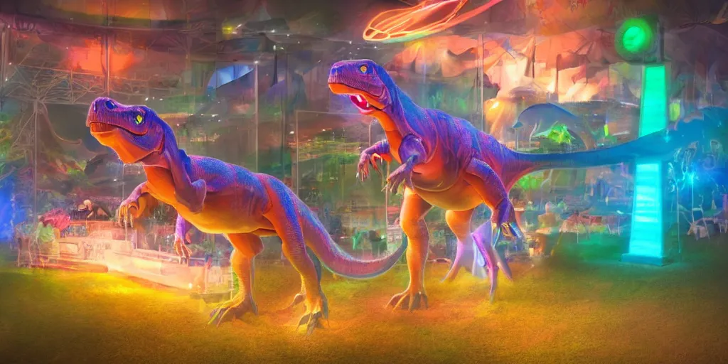 Prompt: glowing hologram dinosaur at the county fair by makoto shinkai