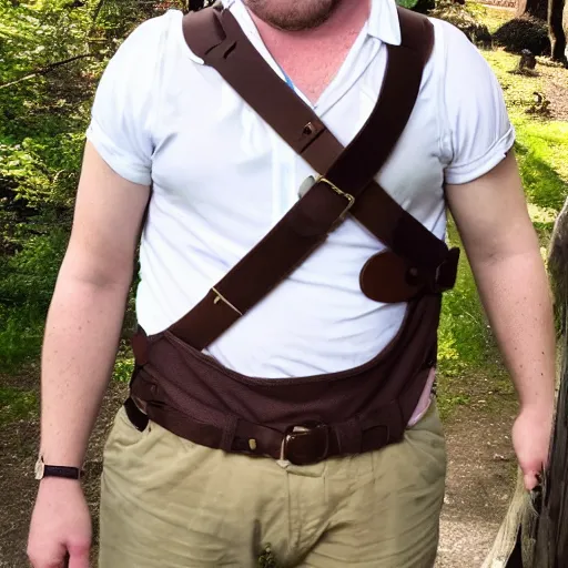 Image similar to white crossbody sling chest bag, (pudgy) british lad with short curly dark brown hair as a hobbit wearing a white men's crossbody sling chest bag and blue vest