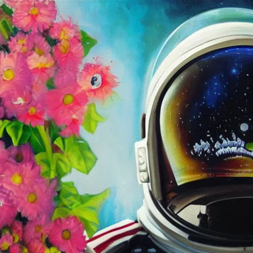 Image similar to a close up painting of an astronaut floating in space. his helmet visor is dark and reflective. you can see the reflection of flowers in his helmet visor.