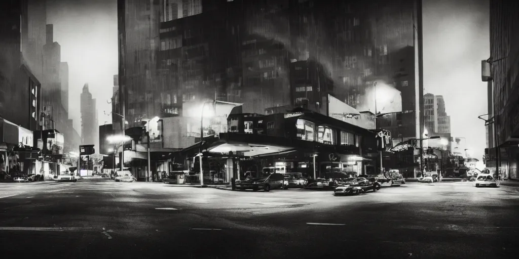 Prompt: midcentury city, neo noir, cinematic, underexposed, atmospheric, hazy