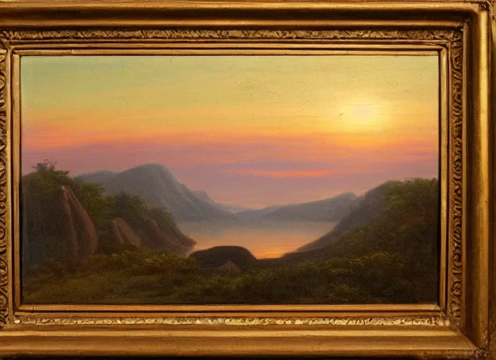 Image similar to a sunrise in the devonian era of earth in the style of hudson river school of art, oil on canvas