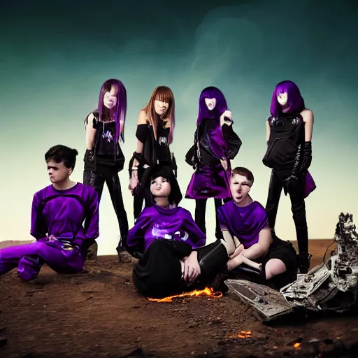 Image similar to group shot of depressed teenagers with emo haircuts wearing gothy purple and black spandex suits, sitting next to smashed burning spacecraft wreckage, on the orange surface of mars, highly detailed, dramatic lighting, photorealistic, cinematic