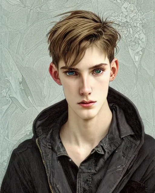 Image similar to portrait of 1 5 - year - old boy, a tall, slender boy with a pale, pointed face, sleek blond hair, and ice grey eyes, wearing black clothes, hyper realistic face, beautiful eyes, close up, fantasy art, in the style of greg rutkowski, intricate, alphonse mucha, hyper detailed, smooth