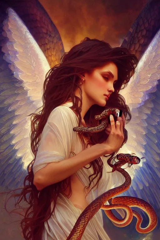 Image similar to group of angels dancing with snakes, fantasy, amber eyes, face, long hair, intricate, elegant, highly detailed, digital painting, artstation, concept art, smooth, sharp focus, illustration, art by artgerm and greg rutkowski and alphonse mucha