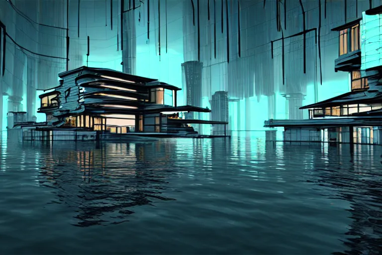 Image similar to distorted cyberpunk house in the lake, artwork by bauhaus, 4 k, 3 d ar vr art, metaverse concept art