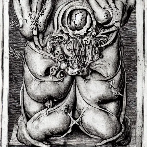 Prompt: renaissance engraving of disgusting body horror, demonic, body modifications, holbein, durer, altdorfer, fludd, blake