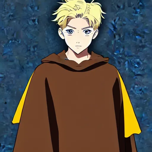 Prompt: blonde boy with yellow eyes wearing a brown cape in the style of studio ghibli, anime, artgerm