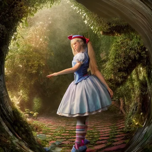 Prompt: full body pose, hyperrealistic photograph of alice in wonderland, dim volumetric lighting, 8 k, octane beautifully detailed render, extremely hyper detailed, intricate, epic composition, cinematic lighting, masterpiece, trending on artstation, very very detailed, stunning, hdr, smooth, sharp focus, high resolution, award, winning photo, dslr, 5 0 mm