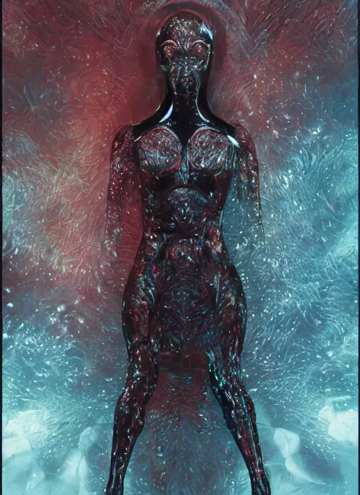Image similar to hybrid alexander mcqueen astronaut in dark void underwater - complex and fashionable hybrid suit dress design. reflection and dispersion materials. rays and dispersion of light. volumetric light. f / 3 2. flash photography. ultra realistic, 5 0 mm. poster by wayne barlowe, hajime sorayama, aaron horkey, craig mullins
