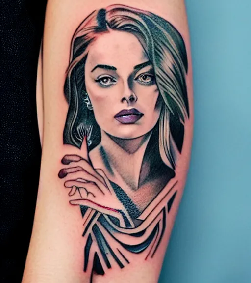 Image similar to tattoo design sketch of margot robbie with beautiful mountain scenery, mash up, double eposure effect, in the style of arlo dicristina, surrealist, amazing detail, sharp