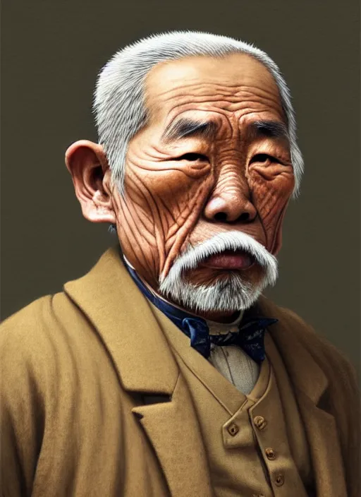 Image similar to a portrait of an old asian man with a crooked nose in victorian clothing, confident pose, intricate, elegant, sharp focus, illustration, highly detailed, concept art, matte, trending on artstation, anime, art by james jean and artgerm and brian despain and alberto mielgo, greg rutkowski, wlop, ilya kuvshinov, strong strokes