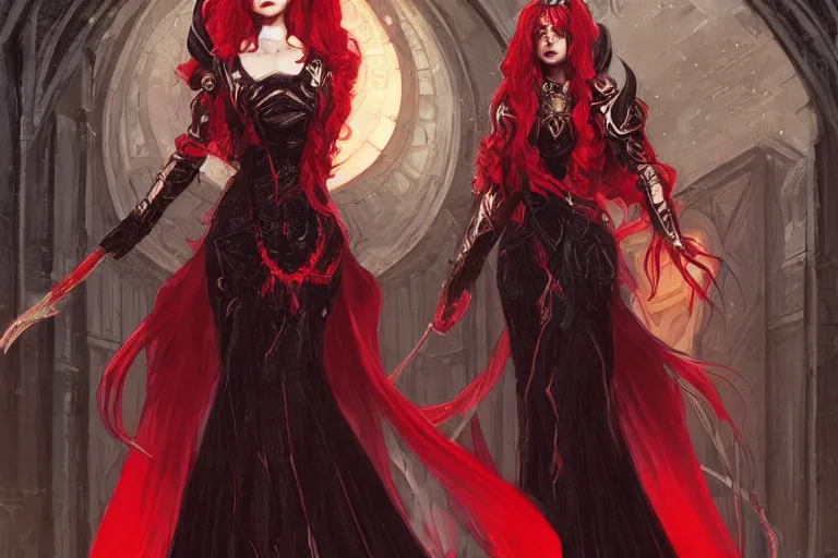 Image similar to female archmage, academy headmaster, long red hair, black and red ornate!!! dress,, d & d, castle hallway background highly detailed, digital painting, artstation, concept art, sharp focus, illustration, cinematic lighting, art by artgerm and greg rutkowski and alphonse mucha